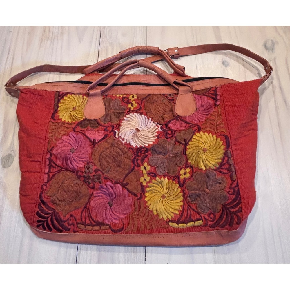 Boho Embroidered Floral Weekender Duffle Bag Red Leather Trim Travel Tote